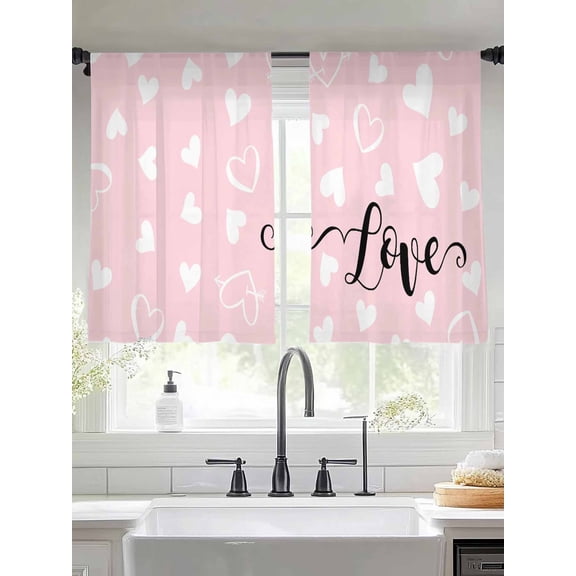 Valentine's Day Heart on Pink Chiffon Sheer Curtains 45 Inches Long, Black Love Words 2 Rod Pocket Window Treatment Voile Drapes Curtains for Living Room Bedroom,2 Panels, 52x45In
