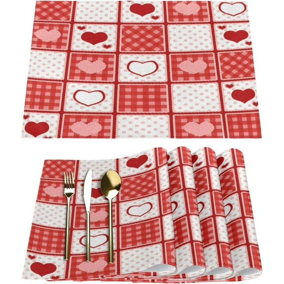 Valentine''s Day Heart Plaid Placemats Set of 6 Fabric Placemats Square Placemat for Kitchen Table Heat Resistant, Easy to Clean Table Placemats 12x18 Inch