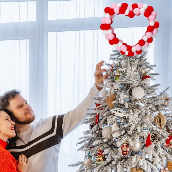 Valentine's Day Heart Pom Pom Tree Topper Decoration B - With 3-Inch Small Base Heart-Shaped Fluffy Pom Pom Decorative Accent - For Valentine's Day Celebrations Romantic Couples