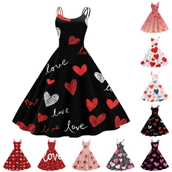 Valentine's Day Heart Print Dress Women Flowy Neck Midi Dress for Date Night and Romantic Evening Parties Pink 2XL