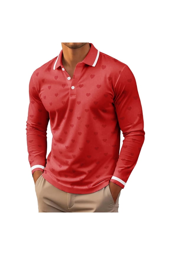 Valentine's Day Heart Print Long Sleeve Polo Shirt Casual Everyday Top for Men Red S