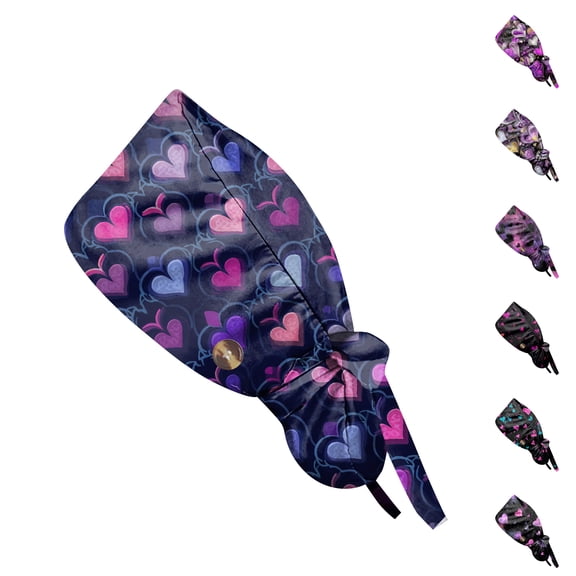 Valentine's Day Heart Print Scrub Cap, Adjustable Tie Back Head Cover, Bouffant Working Hat for Women with Long Hair Cyan