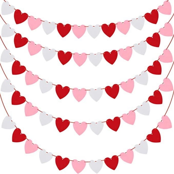Valentine’s Day Heart Pull Banner with Hanging String, Festive Fabric Garland Decoration – Reusable Sweet Motif Wall Mantel Window Decor for Classroom Party Photo Backdrop Gift Topper