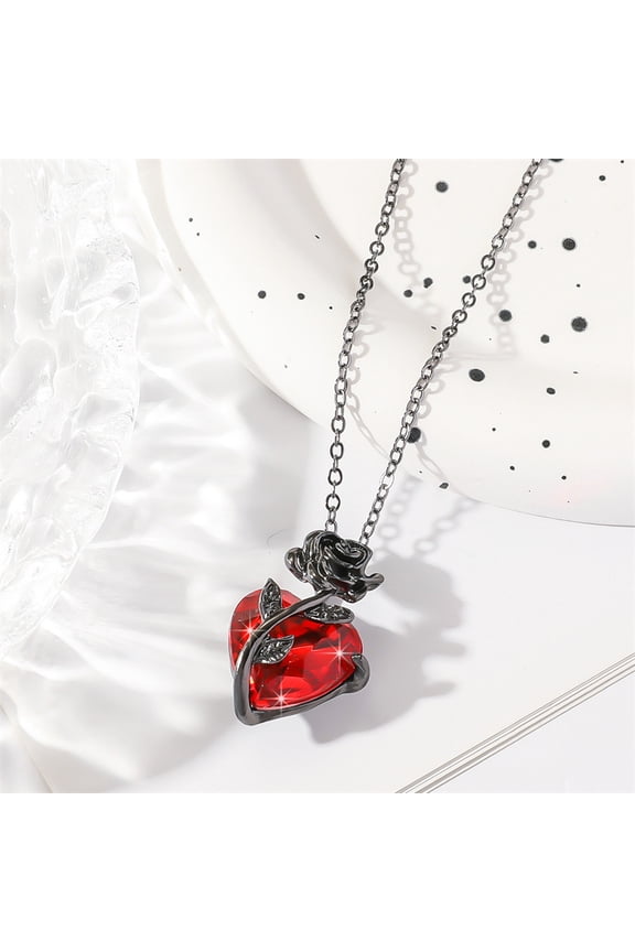 Valentine's Day Heart & Rose Zinc Alloy Ruby Rhinestone Pendant Necklaces for Women Gunmetal 18.50 inch(47cm)