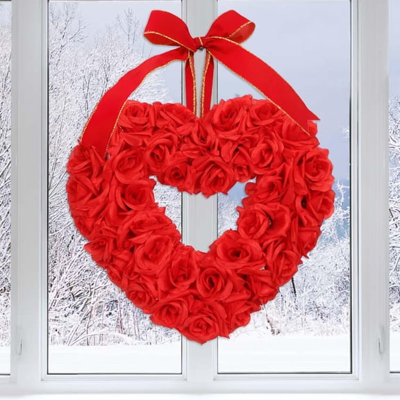 Valentine's Day Heart Shape Artificial Rose Wreath - 15Inch Valentine Tree Ornaments For Wedding/Anniversary | Front Door Wreath With Red Bow Decor Gift