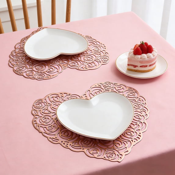 Valentine's Day Heart Shape PVC Table Mat Round Waterproof Heat Resistant Placemat for Western Style Dining Party Home Decor(Rose Gold)