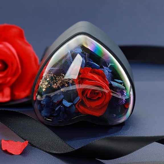 Valentine's Day Heart Shape Ring Box Preserved Flower Rose Ring Case Velvet Jewelry Box Gift Box for Wedding Anniversary Birthday