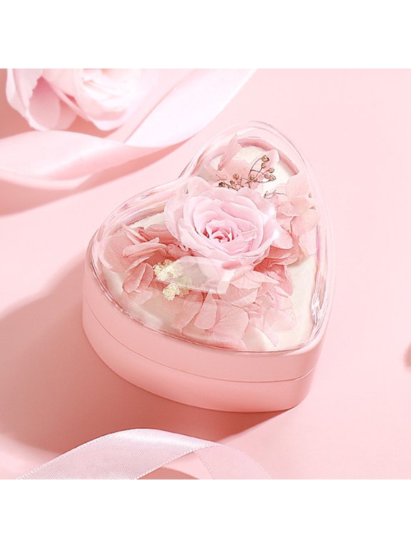 Valentine's Day Heart Shape Ring Box Preserved Flower Rose Ring Case Velvet Jewelry Box Gift Box for Wedding Anniversary Birthday