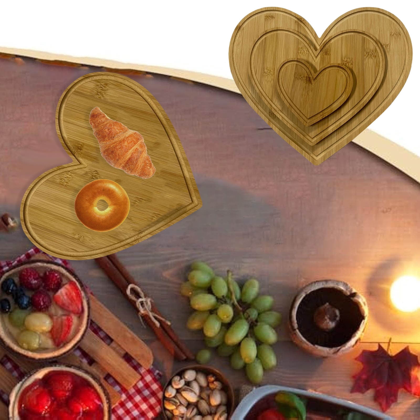 Valentine's Day Heart Shaped Bamboo Serving Board Set for Cheese Meat and Vegetables Decorative Kitchen Platter Tray 3PCS