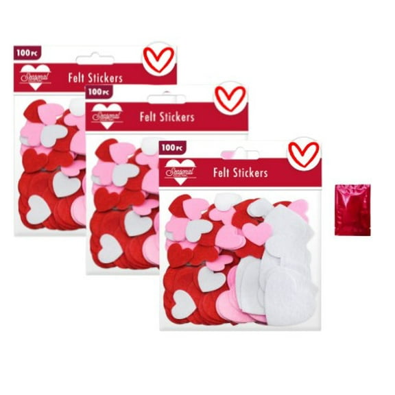 Valentines Day Heart-Shaped Felt Stickers (100 ct)  Assorted Sizes and Colors for Crafts, DIY Projects, Scrapbooking, and Party Decorations (Pack of 3) ~ Includes Exclusive Canzonet Pennette