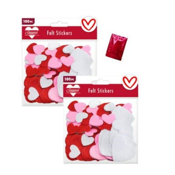 Valentines Day Heart-Shaped Felt Stickers (100ct)  Assorted Sizes and Colors for Crafts, DIY Projects, Scrapbooking, and Party Decorations (Pack of 2) ~ Includes Exclusive Canzonet Pennette