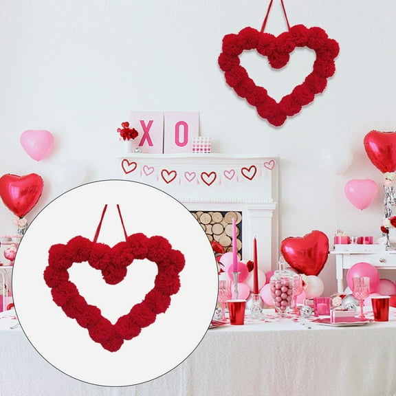 Valentine's Day Heart Shaped Flower Wreath Front Door 11 Inch Can Flower Wreath Decoration, Red Pom Pom 28*24cm