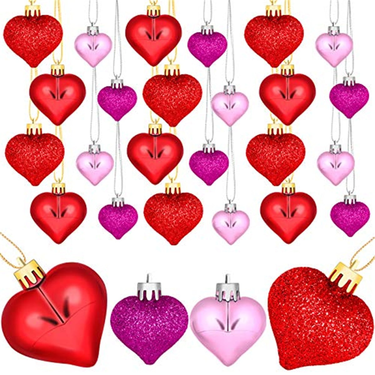 Valentine's Day Heart Shaped Ornaments, 24 Pcs Valentines Heart Decorations, Romantic Valentine's Day Hanging Decorations, Red Pink Silver Heart