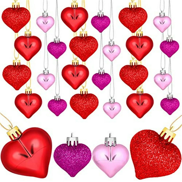 24 Pcs Valentine'S Day Heart Shaped Ornaments, Valentines Heart Decorations,  Romantic Valentine'S Day Hanging Decorations, Red Pink Silver Heart Shaped  Baubles For Home Wedding Party Valentines Day