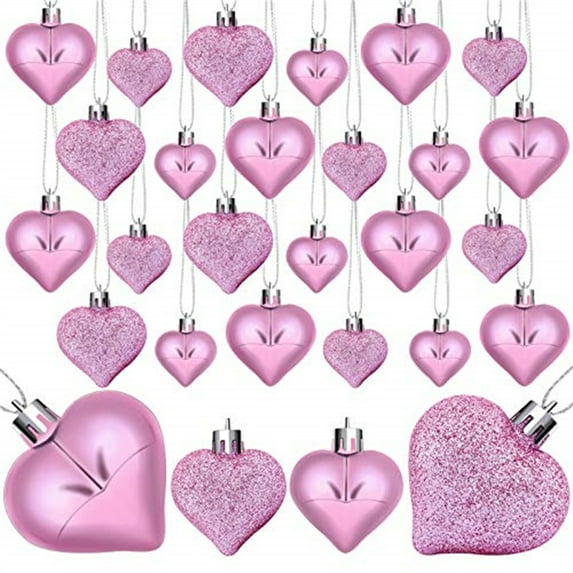 Valentine's Day Heart Shaped Ornaments, 24 Pcs Valentines Heart Decorations, Romantic Valentine's Day Hanging Decorations, Red Pink Silver Heart Shaped Baubles for Home Wedding Party Valentines Day