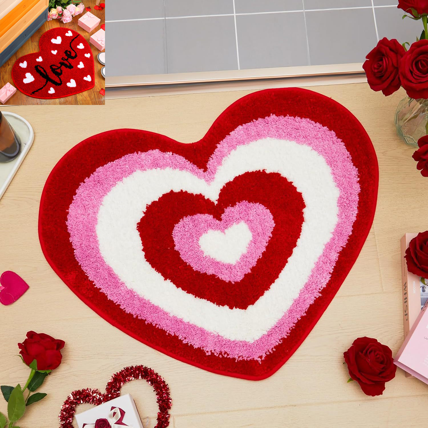 Valentine's Day Heart Shaped Rug Non Slip Bathroom Rug White Red Pink