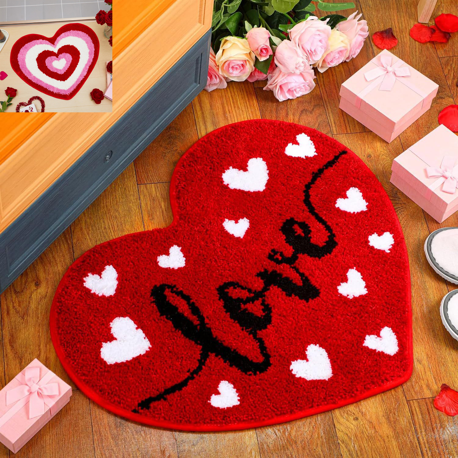 Valentine's Day Heart Shaped Rug Non Slip Bathroom Rug White Red Pink