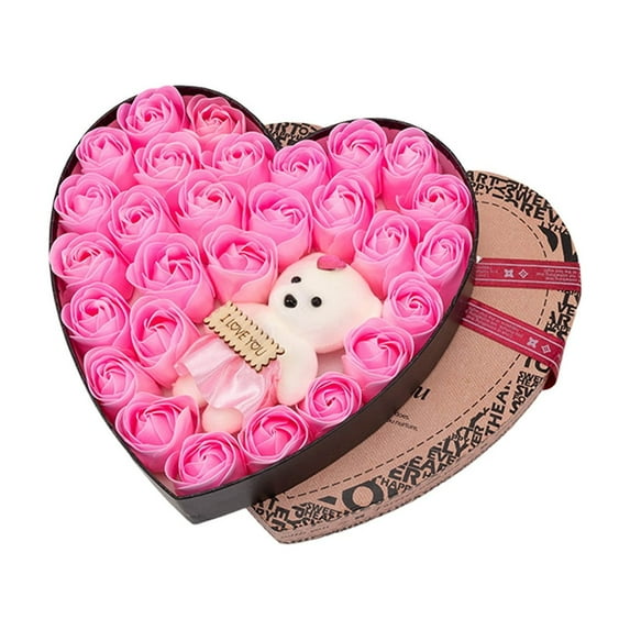 Valentine's Day Heart-Shaped Soap Flower Gift Box, Preserved Rose Arrangement with Teddy Bear for Romantic Decor & Valentine's Gifts for Hers