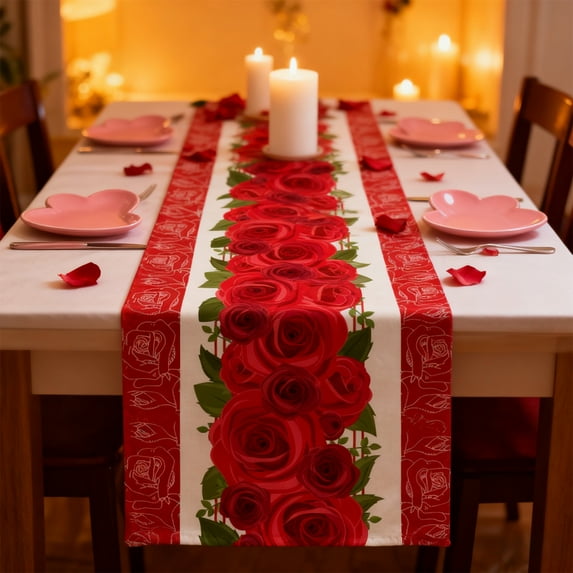Valentine's Day Heart Table Runner - Red Rose Print Tablecloth for Restaurant, Romantic Valentine's Table Flag and Dining Table Decoration