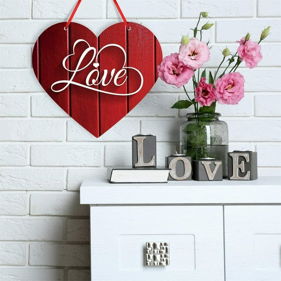 Valentine's Day Heart Wood Decor, Happy Valentine's Day Hanging Sign 2D Love Wooden Door Signs Heart Shaped Wall Plaque Decor for Wedding Home Bedroom, 8Inch