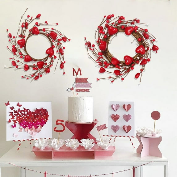 Valentine's Day Heart Wreath, Artificial Berry Wreath Featuring Red Hearts and Faux Greenery for Front Door Hanging, Closet, Or Wall Decoration To Celebrate The Holiday Blahzhy | Red