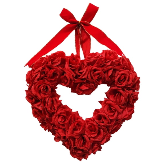 Valentine's Day Heart Wreath for Front Door Decorations,13.78" Artificial Valentines Red Rose Heart Wreaths with Red Bow,Romantic for Valentines Gift Anniversary Wedding Candlelight Dinner Decor-Red