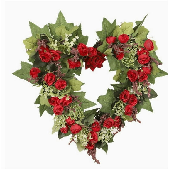 Valentine's Day Heart Wreath with Red Roses - 13.77 Inch Rattan Heart Shape Pendant Wreath for Front Door Home Decor, Wedding Wall Mounted Decorations for Spring Mother's Day Indoor Outdoor Use