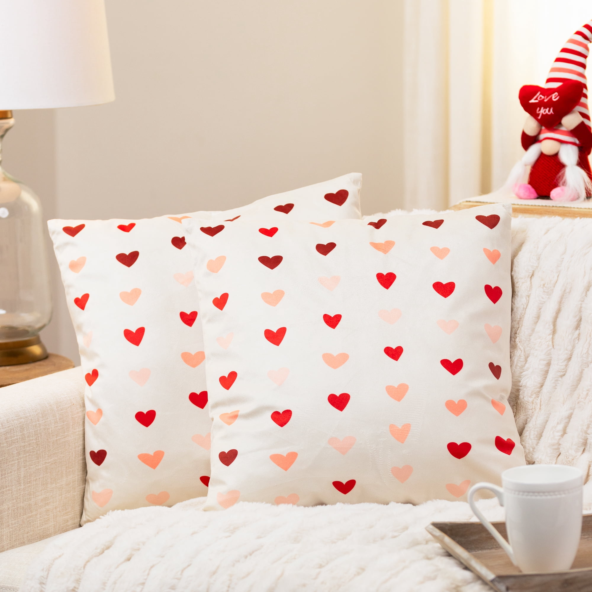 Valentine's Day Hearts Cotton Throw Pillows - 18" x 18" - Cream and Red - Set of 2