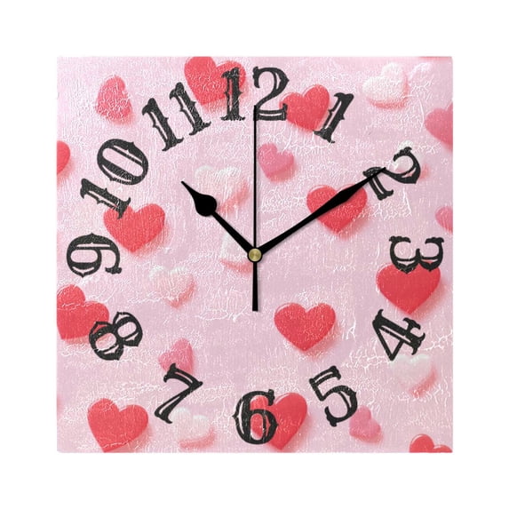 Valentine's Day Hearts Wall Clock Square Silent Non Ticking Battery Operated Clock for Home Bathroom Kitchen Bedroom Living Room