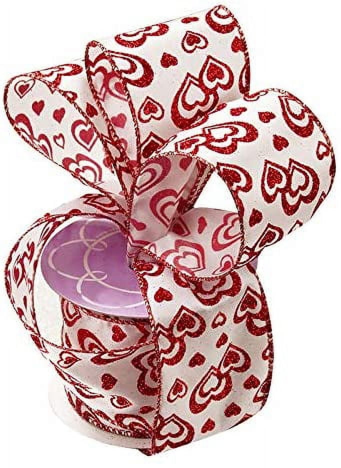 Red Glitter Hearts on White Wired Ribbon - Multi