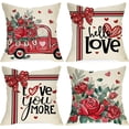 thumbnail image 1 of Valentine''s Day Hello Love Decorative Throw Pillow Covers 18 x 18 Set of 4, Red Truck Rose Flower Cushion Case Decor, I Love You More Anniversary Wedding Holiday Home Decoration for Sofa Couch, 1 of 5