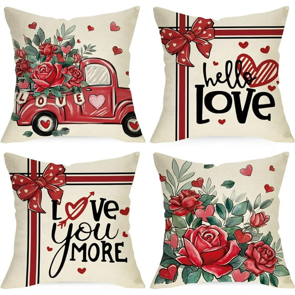 Valentine''s Day Hello Love Decorative Throw Pillow Covers 18 x 18 Set of 4, Red Truck Rose Flower Cushion Case Decor, I Love You More Anniversary Wedding Holiday Home Decoration for Sofa Couch