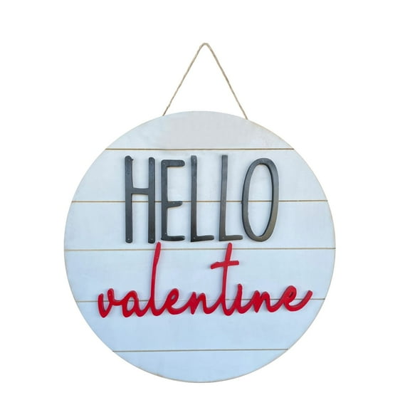 Valentine's Day Hello Love Door Sign For Front Door Decor,Red Heart Wooden Sign 12"x 12" Round Wood Hanging Door Sign Valentines Decoration for Wall Rustic Farmhouse Porch Decor