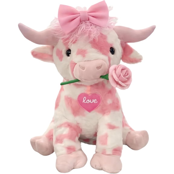 Valentine's Day Highland Cattle Stuffed Animals with Rose - Adorable Fluffy Soft Cow Plush Figure Toys, Perfect Romantic Gifts for Her, Girlfriend, Lover (Pink&White, 13.7 inch)