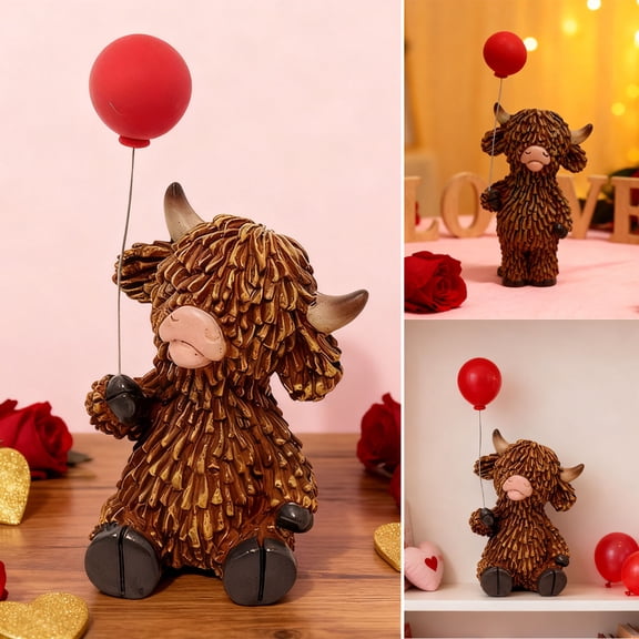 Valentine's Day Highland Cow Resin Figurines - Sitting & Standing Poses with Heart Foil Balloons, Cute Romantic Home Party Tabletop Decor, Adorable Love-Themed Holiday Ornaments, 2.9*6.8in, Brown