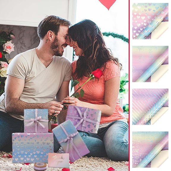 Valentine’s Day Holographic Aluminum Foil Gift Wrapping Paper - Double-Sided Heart & Rose Design, Festive Paper Rolls for Gift Packaging, Thick Durable Material for Romantic Presents, 118*17in, B