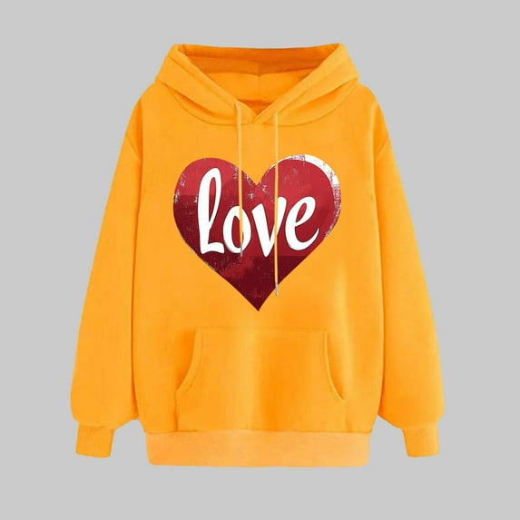 Valentine's Day Hoodies, Heart Print Hoodie, Long Sleeve Hooded Sweatshirt Women Valentine's Day Print Pullover Hoodie Tops Long Sleeved Comfortable Sweatshirts