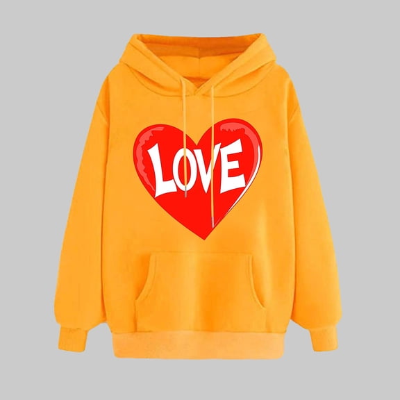 Valentine's Day Hoodies, Heart Print Hoodie, Long Sleeve Hooded Sweatshirt Women Valentine's Day Print Pullover Hoodie Tops Long Sleeved Comfortable Sweatshirts