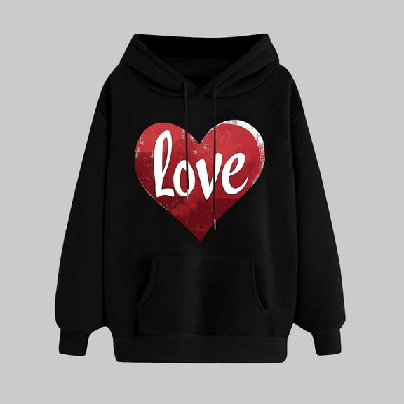 Valentine's Day Hoodies, Heart Print Hoodie, Long Sleeve Hooded Sweatshirt Women Valentine's Day Print Pullover Hoodie Tops Long Sleeved Comfortable Sweatshirts