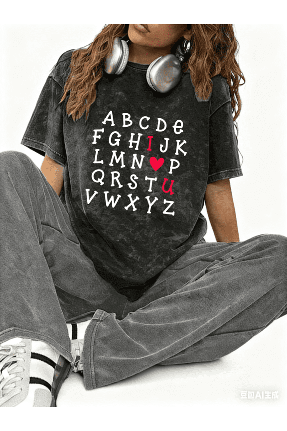 Valentine's Day I Love U Graphic Tees Print T shirt Washed Shirts Women S-2XL Gray Tops