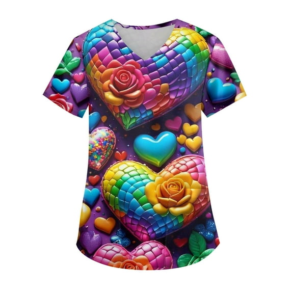 Valentine's Day Iridescent Rainbow Heart Print V-Neck Top - Women's Short Sleeve Caregiver Uniform with Functional Pocket, Comfortable Fashion Workwear for Daily Use