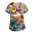 thumbnail image 1 of Valentine's Day Iridescent Rainbow Heart Print V-Neck Top - Women's Short Sleeve Caregiver Uniform with Functional Pocket, Comfortable Fashion Workwear for Daily Use, 1 of 5