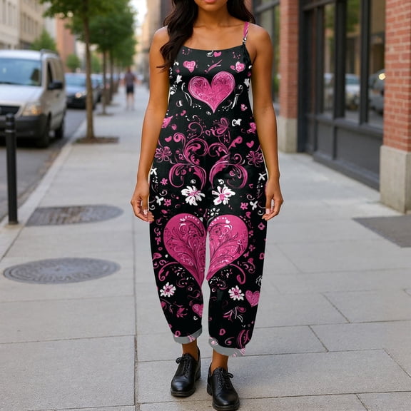 Valentine's Day Jumpsuit Overalls for Women Wide Leg Sleeveless Casual Heart Graphic Rompers Valentine's Day Adjustable Straps Sleeveless Pants