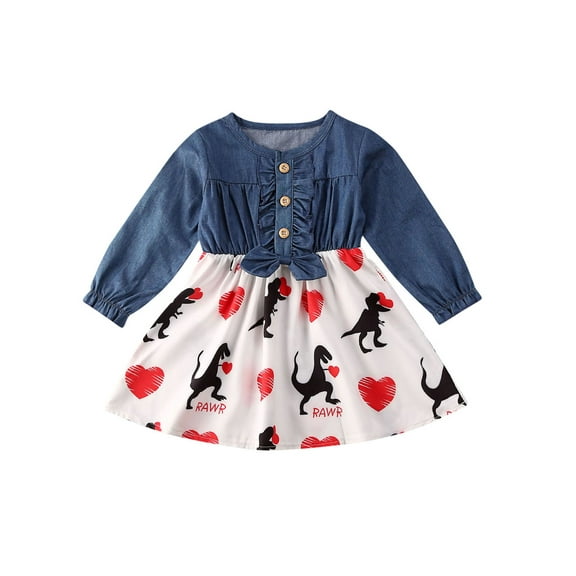 Valentine's Day Kids Baby Girl Dinosaur Love Print Tutu Dress Party Clothes
