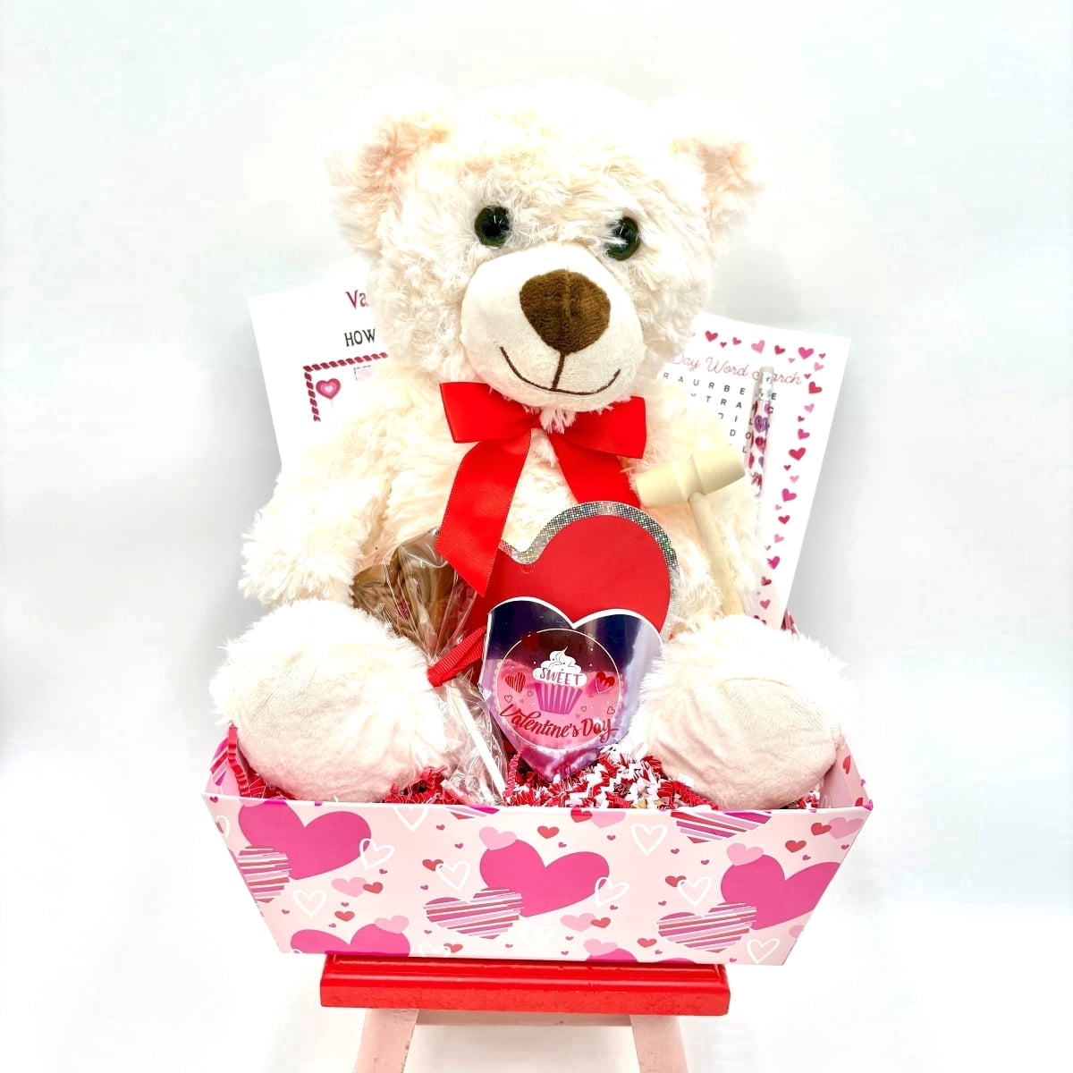 Valentine's Day Kids Gift Basket 14"Bear, Arts & Crafts, Stickers, Lollipop & Breakable Heart