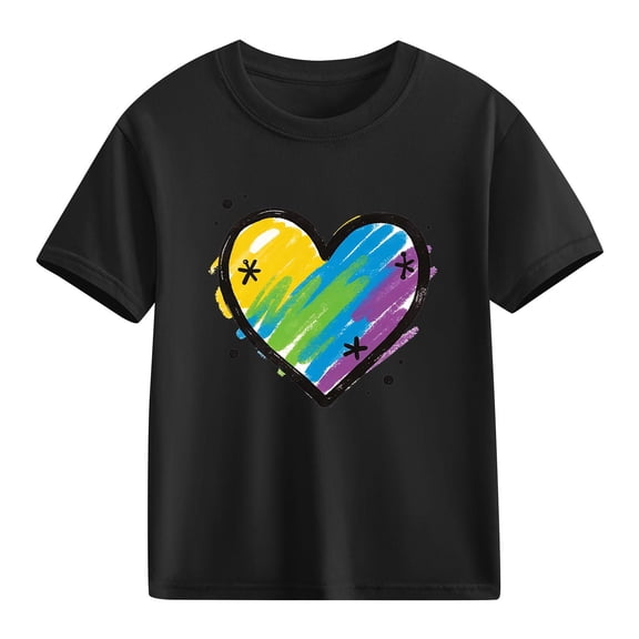 Valentine's Day Kids T-Shirt Girls Rainbow Heart Print Short Sleeve Cotton Tee Kids to Big Kid Sizes,Size 7 T