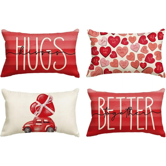 Valentine''s Day Kisses Hugs Better Together Red Throw Pillow Covers, 12 x 20 Inch Hearts Truck Wedding Cushion Case Decoration for Sofa Couch Set of 4