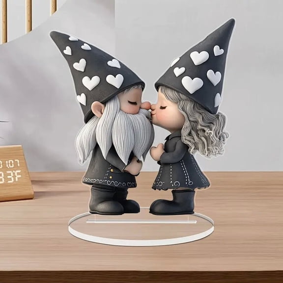 Valentine's Day Kissing Gnome Couple Figurine, Acrylic Desktop Decor with Heart Hats, Romantic Home Ornament for Living Room & Bedroom, Holiday Gift