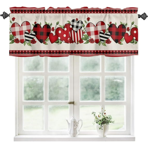 Valentine''s Day Kitchen Curtain Valance, Heart Rose Flower Black Red Buffalo Plaid Anniversary Wedding Short Rod Pocket Window Curtain for Bedroom, Bathroom, 1 Panel, 54" W x 18" L