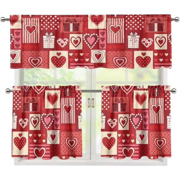 Valentine''s Day Kitchen Curtains 3 Piece Red Heart Plaid Window Curtains and Valances Set 24 Inch Length Short Tier Curtains for Kitchen Living Room Bedroom Bathroom